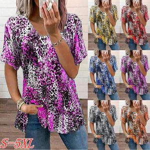 Summer Women's Clothing V-neck Short Sleeve Tops Printed Tees Casual Loose T-shirt Ladies Zipper Tee XS -5XL