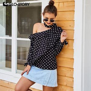 Blusas femininas camisas glo-story 2022 outono pescoço sling manga longa mulheres polka dot off-pesader blusa tops feminino