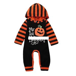 Halloween Costume Baby Girls Boys Boys Тыква Письмо Печати Ромпер Детская полоса с длинным рукавом с капюшоном Осень детей