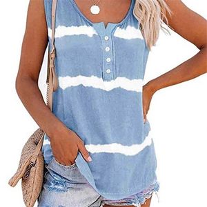 Top Women Summer Casual Ärmlös Round Neck Striped Knappar T-shirt Damkläder Mode Sexig Beach Ladies Vest 220325