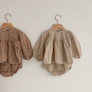 Baby Mädchen Anzug Kleidung Little Plaid Kleinkind Set Puffärmel Bluse + Pumphose 2 Stück Kleinkind 220507
