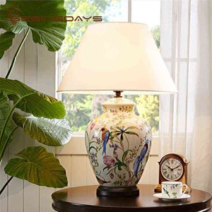 Coral Flower and Bird Ceramic Table Lamp Hand-Painted Ceramic Table Lamp Crack Glaze Living Room Table Lamp H220423