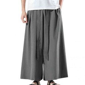 2022 Cozy Black Ice Silk Hakama Kung Fu Pants A Wide Bottom Wushu Kimono Chinese Mens Cotton Wide Pants For Mens East Style Grey L220706