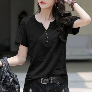 Women's TShirt Fashion Summer Top Women V Neck T Slim Fit Stretch mixed cottonT Chic Short Sleeve Tees Bottom Emboridery 230206