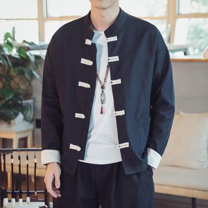 Mäns Jackor 2022 Våren Män Vintage Solid Färg Retro Lös Kinesisk Stil Han Fu Male Bomull Parchwork Cardigan Overcoat M-5XL
