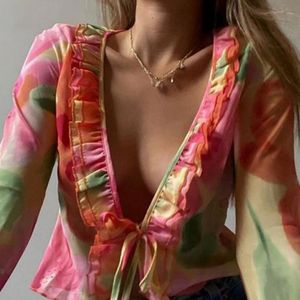 Kadınlar bluz gömlekleri moda boho fırfır bluzu gören dantel v yaka kadınlar için uzun kollu yaz gömlek partisi plaj kırpılmış üst