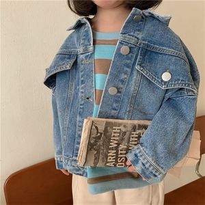 Jackor Spring Fall Boys and Girls Casual AllMatch Denim Jackets 26 ￥r barn TurnDown Collar L￥ng￤rmad kappa barn L￶st toppar 220826