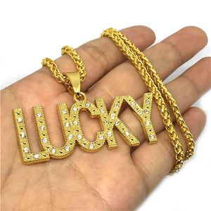 Lettera di cristallo Pendenti fortunati Collane Gioielli bling dorati Regali Uomo Donna Fascino Hip Hop Catene di strass Buona fortuna