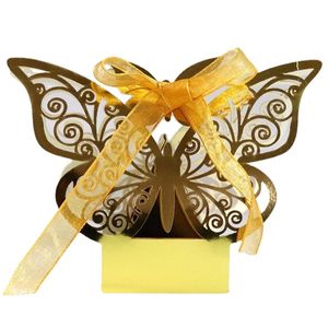 10 pezzi Scatole per caramelle al cioccolato vuote tagliate al laser Scatole per imballaggio a farfalla dorata all'ingrosso con nastri Bomboniere per matrimoni Avvolgimento 220427