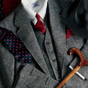 Dostosowane szary tweed garnitury Mężczyźni Formalne Chude Delikatne Blazer Zimowe małżeństwo Tuxedo 3 sztuce kurtka+kamizelka+spodnie Terno 220504