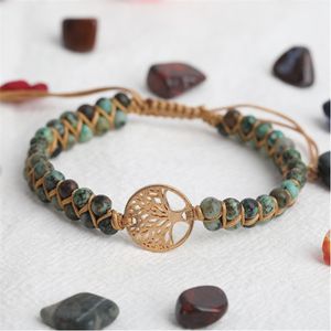 European and American Fashion Beaded Strands Handmade Natural African Stone Beads Boho Yoga Stainless Steel Tree of Life Woven Charm Bracelet AB740