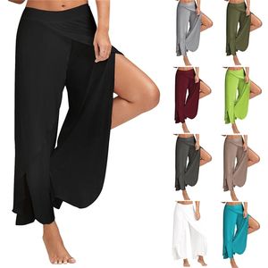 Mulheres plus size cal￧a de perna larga dan￧a solta dan￧a de fitness yoga cal￧a dividida feminina el￡stica wasit treino casual roupas de ver￣o s￳lido 220812