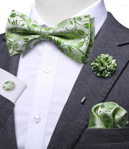 Bow Ties Hi-Tie Luxury Mint Green Silk Men's Bowtie näsduk manschettknappar brosch set fjäril knut för män bröllopskontor presentbåge