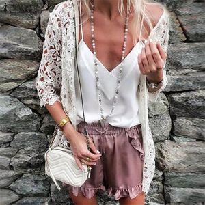 Bohemiska kvinnors blus Zanzea Lace Patchwork Cardigan 34 Sleeve Tunic Female Hollow Out Kimono Cape Plus Size Beach Top T200322