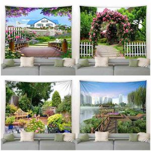 Гобелен весенний сад ландшафт большой забор гобелена натуральный цветочный растение стена