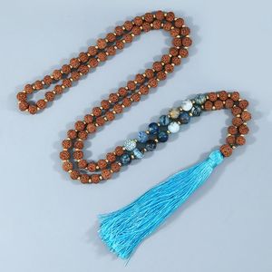 ペンダントネックレスJapamala Rudraksha Mala Bead 108 Necklace Blue Fire Agate Tibetan Prayine Tibetan仏教ヨガスピリットジュエリー