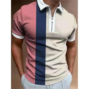 Camisa polo masculina de verão contraste cor turn-down colarinho zíper polo camisas homens de manga curta camiseta eua tamanho m-3xl 220707