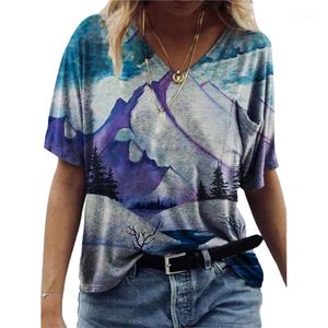 여자 티셔츠 깊은 V- 넥 섹시한 느슨한 탑 유화 여름 짧은 소매를위한 꽃 인쇄 여성 티셔츠 캐주얼 티