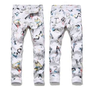 White Color Street Fashion Printed Jeans Man Stretch Slim Fit Casual