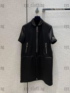ブランドドローストリングブラックラウンジドレス2022SSサマーデザイナーレディースカジュアルドレスハイエンド半袖スカートジップデザインサイズSML