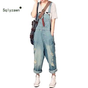 Women's Casual Blue Loose Bib Denim Overalls Lady Oversized Hole Ripped Baggy Cowboy Strap Jeans Wide Leg Cross Pants for Woman 210709