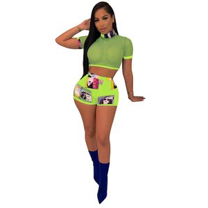 New Bulk Sales Beautiful Women Tracksuits Mesh Two Piece Sets Pullover Short Sleeve shirt Crop Top+print shorts Casual Matching Set See Through Outfits 7390