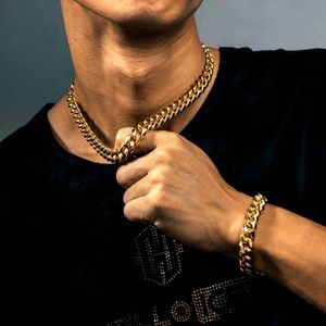 Cuban Link Chain Necklace Bracelet Set Gold Plated Stainless Steel Design Spring Buckle