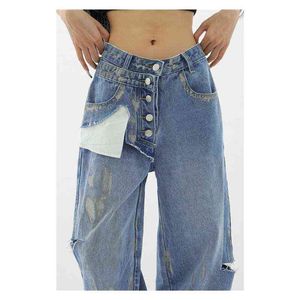 Blue Graffiti Jeans Women 2022 أزرار خياطة جديدة النمط الرجعية السراويل الفضفاضة في جميع النطاقات عالية الخصر على مستقيم الساق على عريض الساق L220728