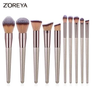 Makeup Tools Zoreya 10pcs Champagne Brushes Set Foundation Powder Blush Eyeshadow Concealer Lip Eye Make Up Brush Cosmetics220422