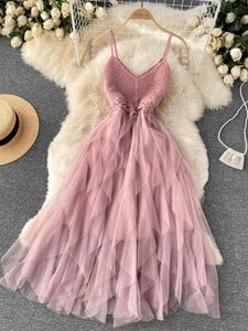 Casual Dresses Summer Women's Suspender Dress Irregular Gauze Fluffy Skirt High Waist Slim Temperament V-neck Beach DressCasual