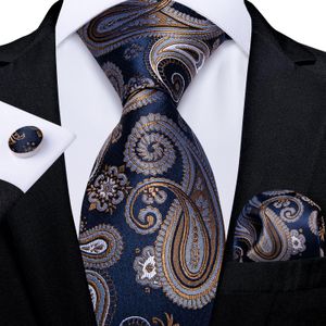 Blue Gold Paisley Mens Tie Business Wedding Formal Neck For Men Cravate Silk Handkerchief Cufflinks