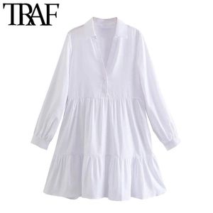 Женские шикарные модные рюша белое мини -платье винтажное с длинным рукавом вверх женские платья vestidos mujer 210507