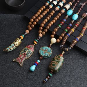 Pendant Necklaces Handmade Nepal Necklace Buddhist Mala Wood Beads & Ethnic Horn Fish Long Statement Jewelry Women Men Elle22