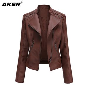 AKSR Spring and Autumn Womens Leather Jacket Womens Clothing Slim Thin Ladies Moto Biker Faux Leather Coat Zippers 201030
