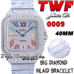 TWF tw0009 Japan Miyota Automatic Mens Watch Lunetta con grandi diamanti Quadrante con diamanti ghiacciati Marcatori romani multicolori Bracciale in acciaio Orologi Super Edition eternity