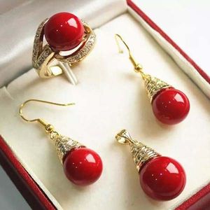 3st 18k guldpläterad rund röd pärlhalsband örhängen ring smyckesuppsättning
