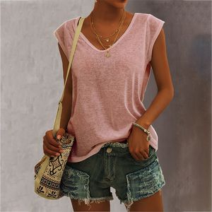 Vneck Simple Loose Sleeveless Tshirts Solid Color Women Top Plus Size Casual Sexy Camisole Tanks Vest Ropa Mujer 220615