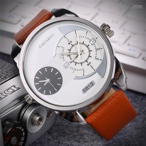 Wristwatches Arrived Men Casual Big Dial Dua Time Montre Military Leather Strap Quartz Watch Reloj Hombre Male Clock Relogio Hect22