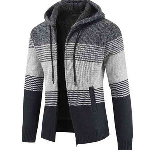 FALIZA Herren Pullover Mantel Herbst Winter Dicke Warme Mit Kapuze Streifen Wollpullover Strickjacke Pullover Reißverschluss Fleece Mantel Männer XY103 210804