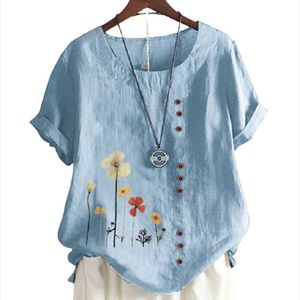 Bloups feminina camisas elegantes decoração de botão de impressão floral elegante camisa de algodão Polyster Women Summer O-Gobes Manga Curta Tops Casual Plus Siz