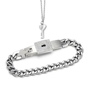 Charm Bracelets Titanium Puzzle Couple Heart Lock Key Bracelet Necklace Lover Jew Elry SetCharm