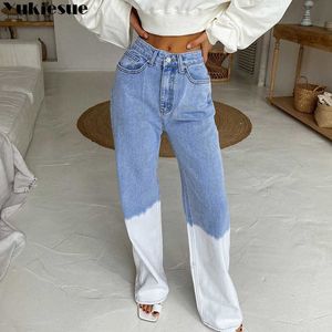Jeans folggy de jeans de jeans azul de jeans chiques para mulheres de perna larga de perna larga Harajuku Loose Streetwear 210608