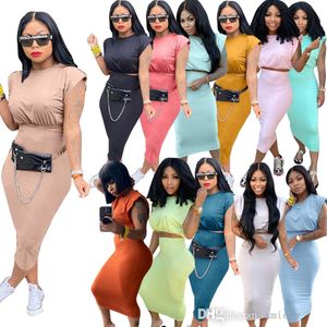 Summer Women Two Piece Dress Suit Sexig ärmlös axelkudde T-shirt One Step Kjol Versail Fashion Casual Dresses S-XXL