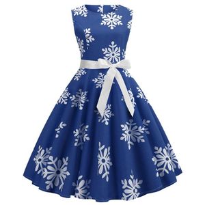 Jul snöflinga tryck ärmlösa vintage klänningar kvinnor midi skater klänning med sash241n