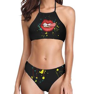 Yastıklı mayo yular yüzme takım elbise seksi yüksek boyun mahsul üst mayo bikini Brezilya dudak baskısı biquini bayanlar plaj kıyafeti 220616