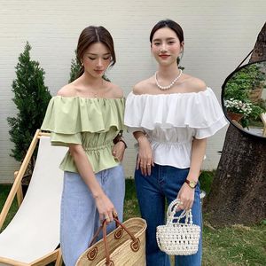 Women's Blouses & Shirts Femme 2022 Summer One Word Shoulder Ruffled Lotus Leaf Sleeves Pleated Waist Thin Solid Chiffon Shirt Top WomenWome