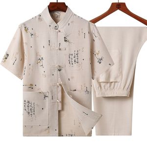 Classic Men Ricamo Wushu Abbigliamento Vintage Manica corta Taichi Uniform Summer Cotton Maschio Tang Suit Causal Dragon Shirt 3XL 220708