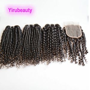 Brazilian Human Virgin Hair 3 Bundles With 4X4 Lace Closure Funmi Hair Weave Bouncy Fumi Curl 10-26inch Natural Color