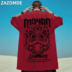 Zazomde Cotton Cool Oversized T Shirt Gothic High Street Hip Hop T-shirt Men Summer Harajuku Lion Lion Dance Tshirt Streetwear 220621