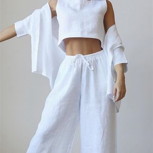 Women Cotton Linen Three Piece Set Casual Shirt Top Oneck Crop Tank Wide Leg Pants Suit Summer Solid Loose Outfits 220526